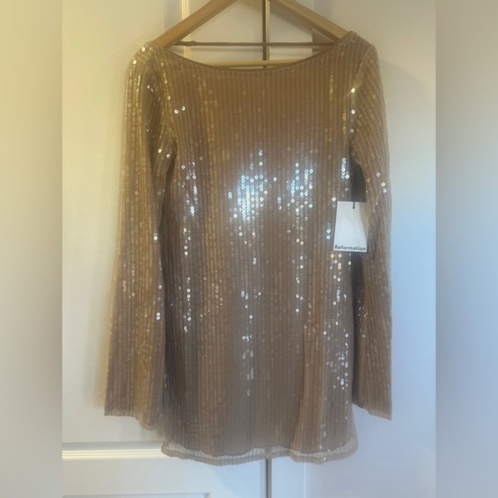 NWT Reformation Sereia Mini Dress in Champagne Sequin Long Sleeve | size S - Picture 8 of 13